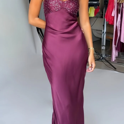 Halter sheath wine red satin long prom dresses with sequins