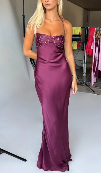 Halter Sheath Wine Red Satin Long Prom Dresses with Sequins