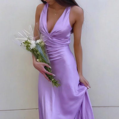 Lavender a line v neck satin prom dress with front knot 