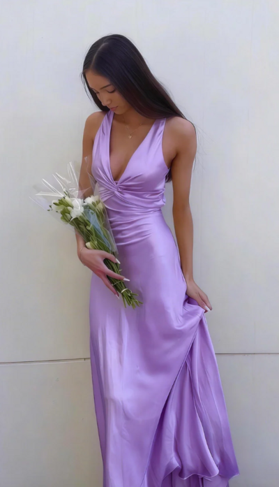 Lavender A Line V Neck Satin Prom Dress With Front Knot 