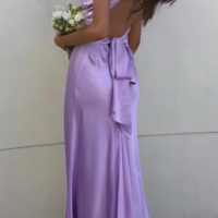 Lavender A Line V Neck Satin Prom Dress With Front Knot  - Thumbnail 1