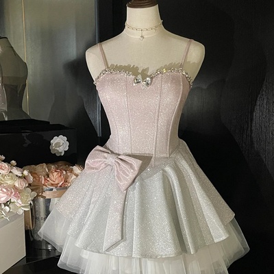 Sparkly short party dress a-line spaghetti strap homecoming graduation dress