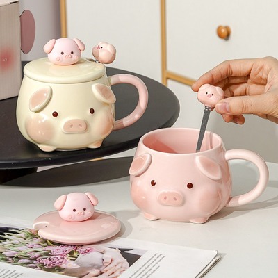 Cute pig ceramic mug with matching spoon and lid