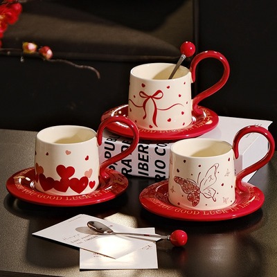 Romantic Red Ceramic Coffee Mug with Coaster