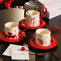 Romantic Red Ceramic Coffee Mug with Coaster - Thumbnail 6