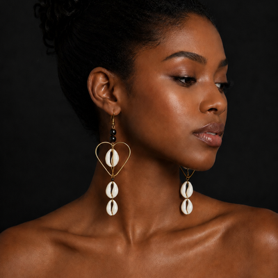 Golden heart cowrie shell earrings - Thumbnail 3