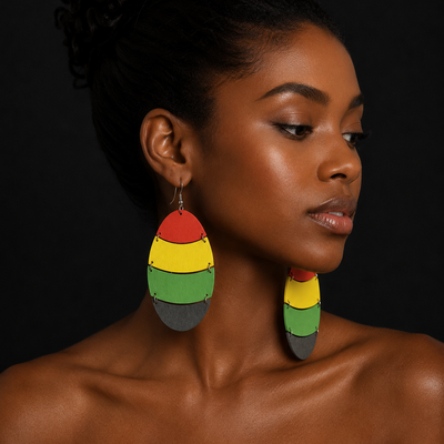 Red/ yellow/ green black  wooden oval earrings - Thumbnail 5