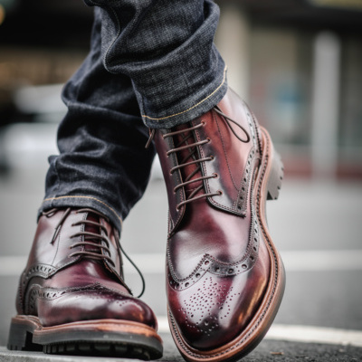 Handcrafted men's burgundy leather wingtip brogue boots