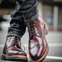 Handcrafted Men's Burgundy Leather Wingtip Brogue Boots - Thumbnail 1