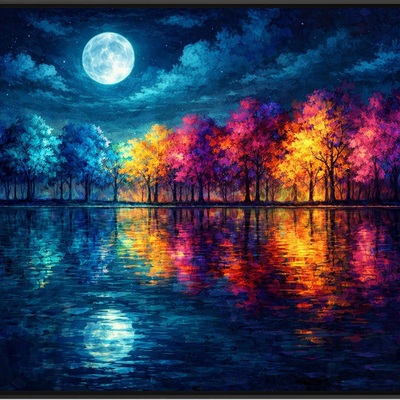 Moonlit colorful forest reflection landscape art print