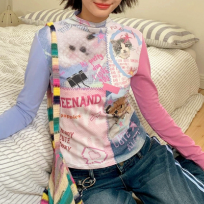 Cute kitty print pastel pink blue color block long sleeved t-shirt