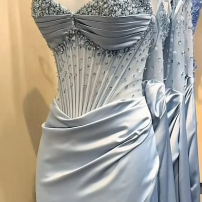 Charming light blue beaded corset ruched formal evening dress long prom dress