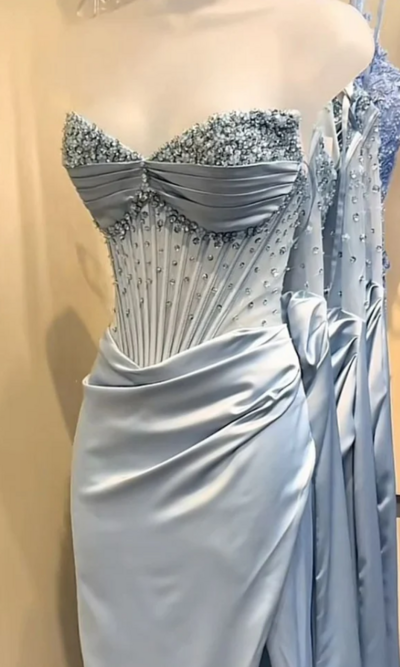 Charming Light Blue Beaded Corset Ruched Formal Evening Dress Long Prom Dress