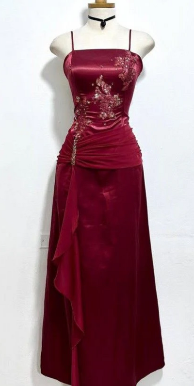 A Line Straps Burgundy Prom Dress Long Formal Evening Dress