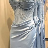 Charming Light Blue Beaded Corset Ruched Formal Evening Dress Long Prom Dress - Thumbnail 1