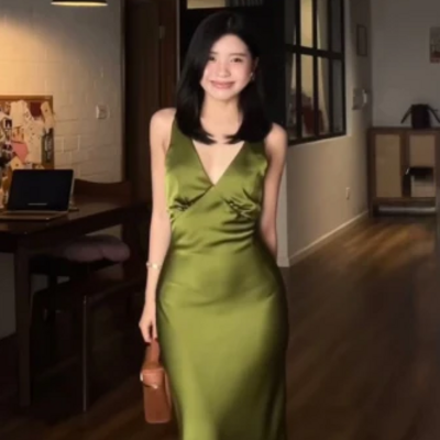 Elegant mermaid green v neck satin long formal prom dress evening dress 