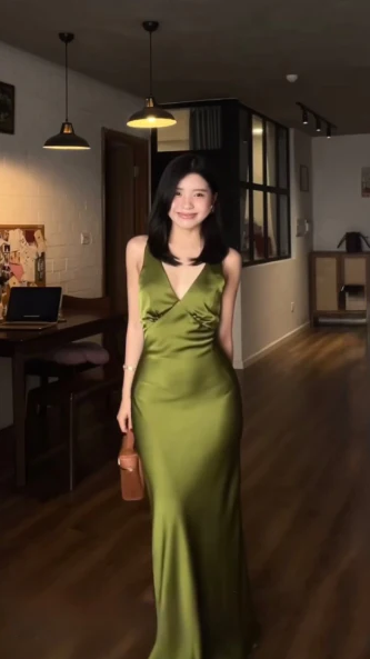 Elegant Mermaid Green V Neck Satin Long Formal Prom Dress Evening Dress 