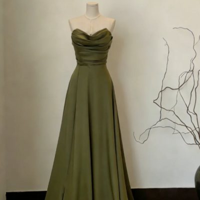 Stylish a line sage green satin long prom dress formal evening dress