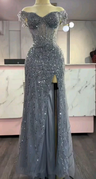 Off The Shoulder Gray Slit Tulle Sequin Beaded Prom Dresses 
