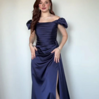 Off Shoulder Navy Blue Satin Slit Mermaid Prom Formal Wedding Guest Dress - Thumbnail 1