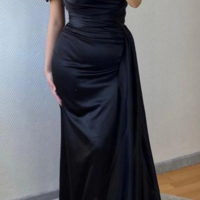 Off Shoulder Navy Blue Satin Slit Mermaid Prom Formal Wedding Guest Dress - Thumbnail 2