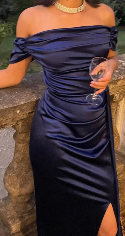 Off Shoulder Navy Blue Satin Slit Mermaid Prom Formal Wedding Guest Dress
