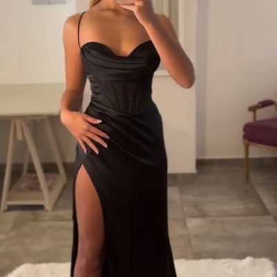 Sexy black satin sleeveless corset prom dress slit evening dress