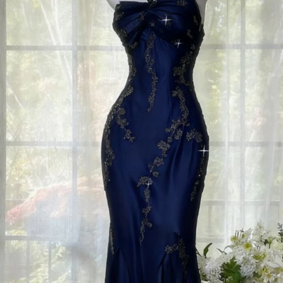 Chic halter navy blue chiffon beaded long prom dress
