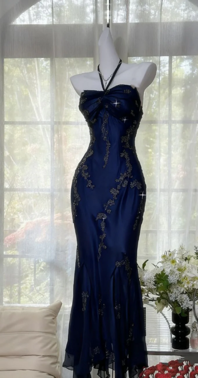 Chic Halter Navy Blue Chiffon Beaded Long Prom Dress