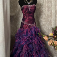 Strapless Purple Organza Ruffles Evening Dress Long Prom Gowns With Beads - Thumbnail 1