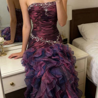 Strapless purple organza ruffles evening dress long prom gowns with beads