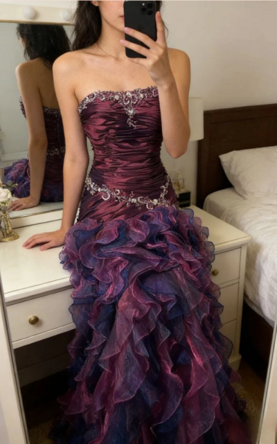 Strapless Purple Organza Ruffles Evening Dress Long Prom Gowns With Beads