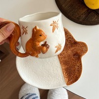 3D Squirrel and Maple Leaf Ceramic Mug and Saucer Set - Thumbnail 1