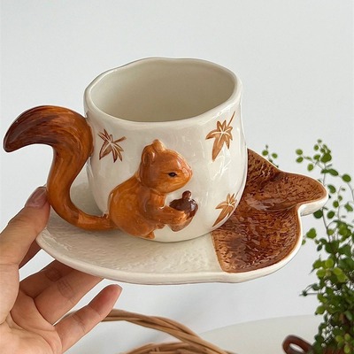 3D Squirrel and Maple Leaf Ceramic Mug and Saucer Set