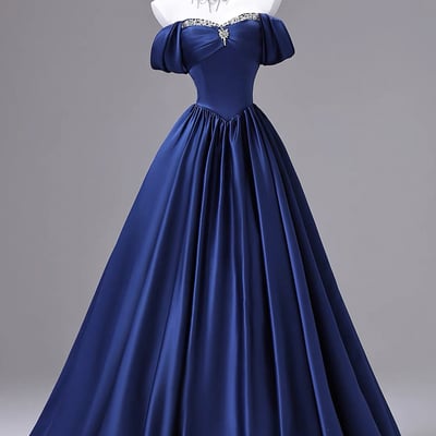 Blue satin beads long a-line prom party dress