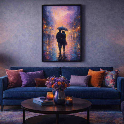 Romantic rain walk city lights impressionist art print 24x36 matte unframed