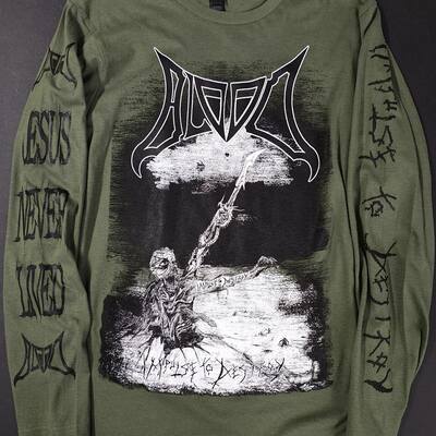 Blood "impulse to destroy" navy green long sleeve shirt.