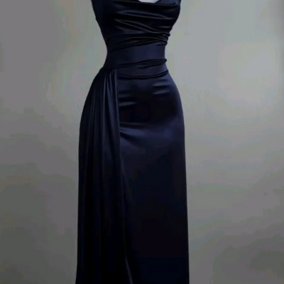 Chic spaghetti straps navy blue satin long prom dress split evening dress