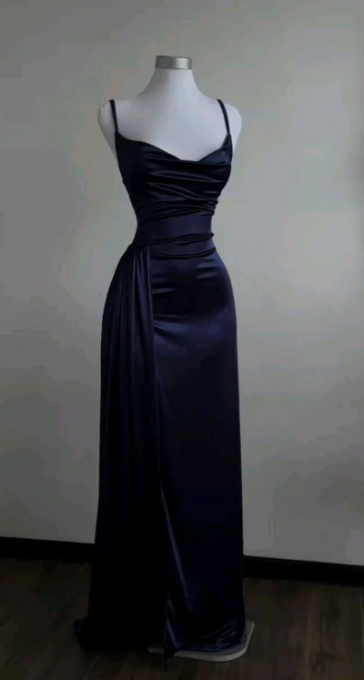 Chic Spaghetti Straps Navy Blue Satin Long Prom Dress Split Evening Dress