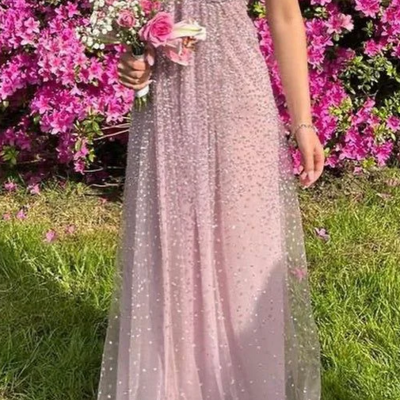 Glamorous spaghetti strap open back beaded tulle a-line prom dress evening gown