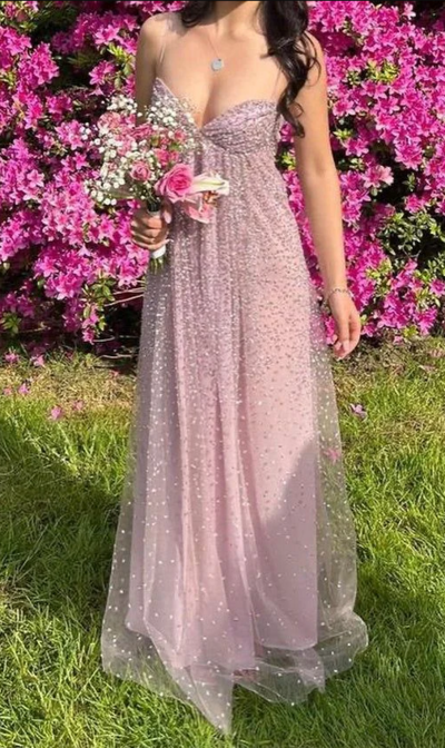 Glamorous Spaghetti Strap Open Back Beaded Tulle A-Line Prom Dress Evening Gown