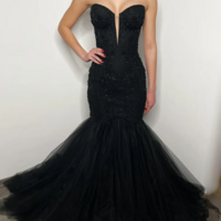 Luxury Mermaid Black Tulle Beaded Evening Dress Formal Prom Dress With Cape  - Thumbnail 1