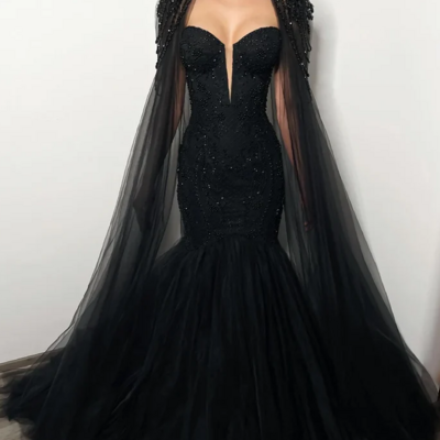 Luxury mermaid black tulle beaded evening dress formal prom dress with cape 