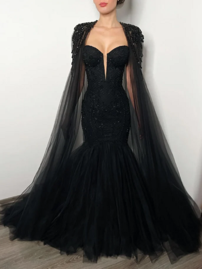 Luxury Mermaid Black Tulle Beaded Evening Dress Formal Prom Dress With Cape 