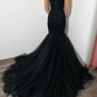Luxury Mermaid Black Tulle Beaded Evening Dress Formal Prom Dress With Cape  - Thumbnail 3