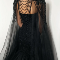 Luxury Mermaid Black Tulle Beaded Evening Dress Formal Prom Dress With Cape  - Thumbnail 2