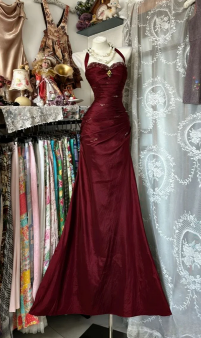 Vintage Halter Wine Red Satin Beaded Ruched Mermaid Prom Dress