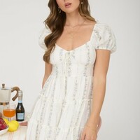 Stripe Floral Pattern Dress - Thumbnail 1