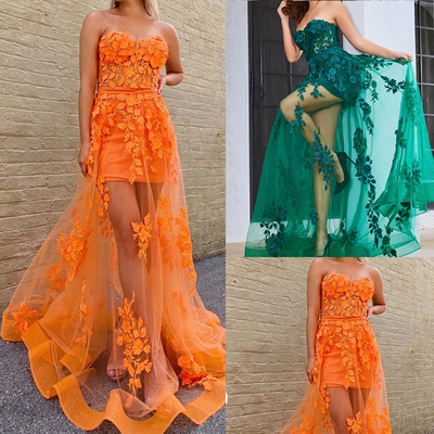Orange/green prom dresses strapless with 3d floral appliques