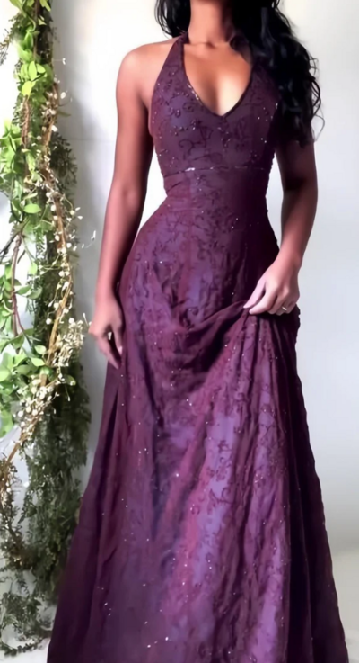 Vintage Halter Purple Lace Prom Dresses Formal Evening Dresses